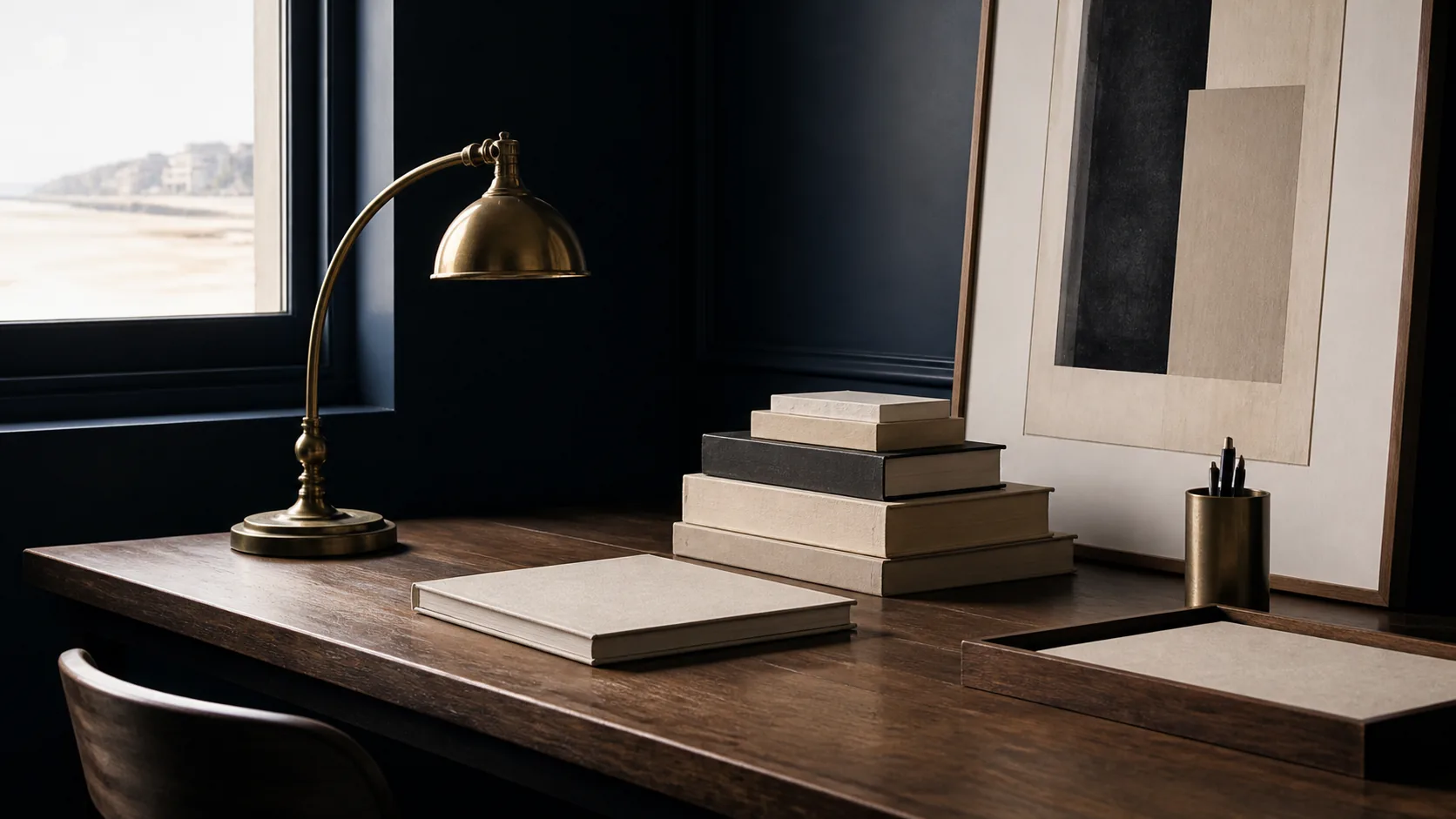 Détail d’un studio de conseil web avec bureau, lampe et lumière de Deauville