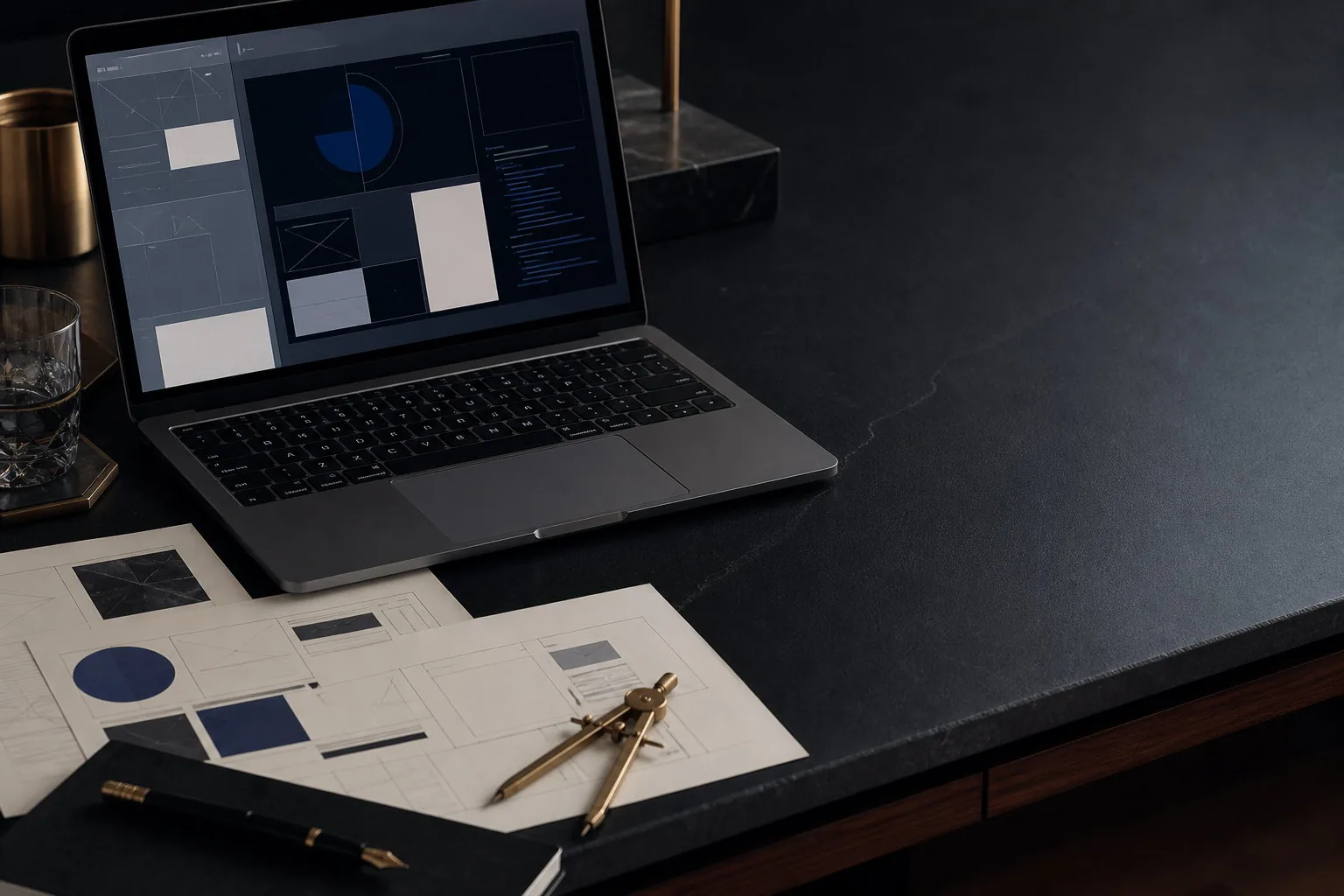 Poste de conception web haut de gamme avec ordinateur, maquettes d’interface et instruments de précision