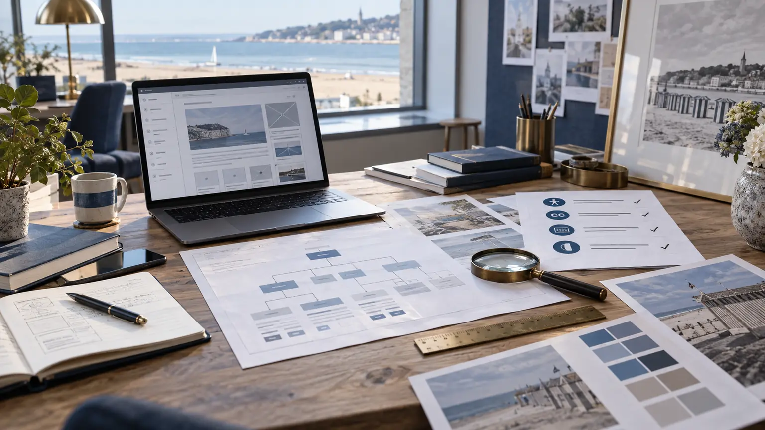 Bureau d’audit web avec arborescence, maquettes, contrôles d’accessibilité et loupe