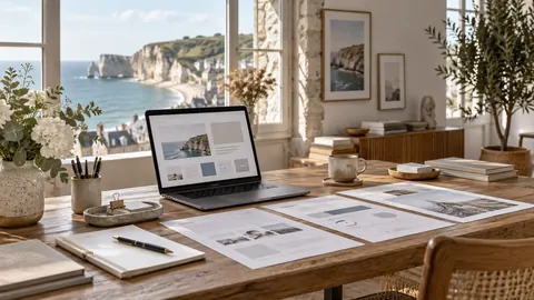 Table de travail avec maquettes de page, notes et ordinateur dans un studio de création