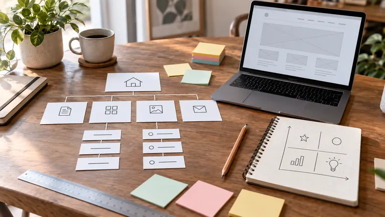 Cartes d’arborescence et matrice de priorités sur une table de travail