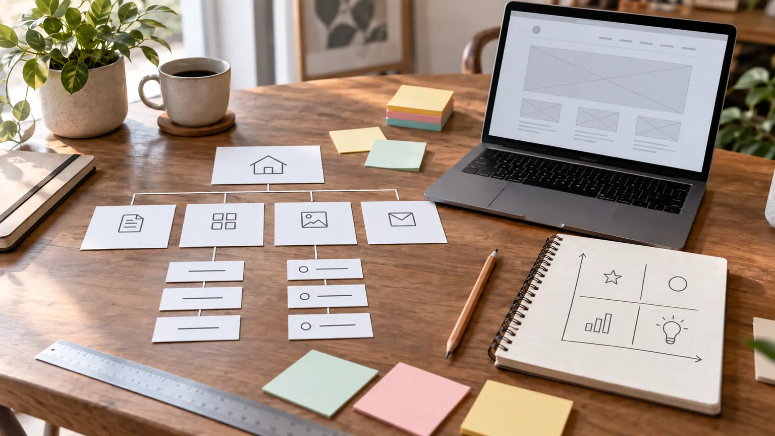Cartes d’arborescence et matrice de priorités sur une table de travail