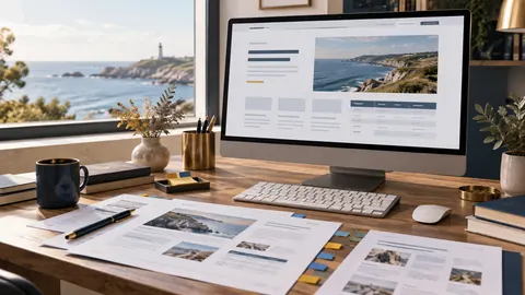 Écran de page web structurée et brouillons annotés sur un bureau de rédaction