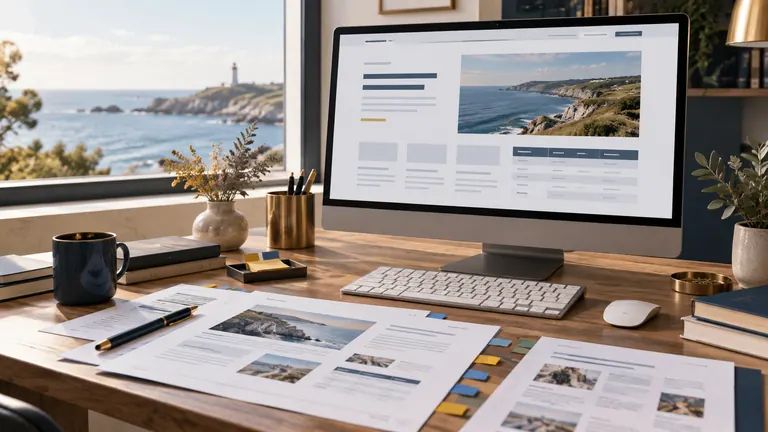 Écran de page web structurée et brouillons annotés sur un bureau de rédaction