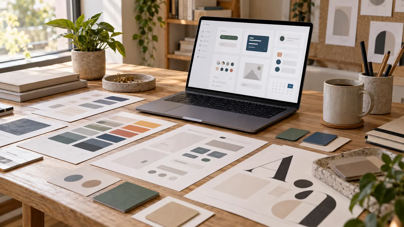 Table de conception avec composants d’interface, nuanciers et ordinateur