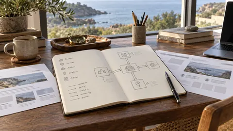 Carnet de travail avec schéma de relations entre pages et contenus web