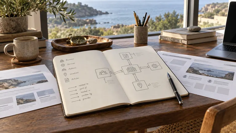 Carnet de travail avec schéma de relations entre pages et contenus web
