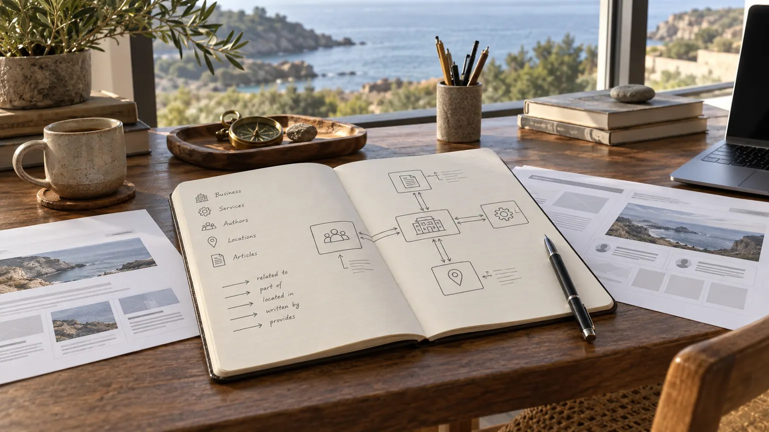 Carnet de travail avec schéma de relations entre pages et contenus web