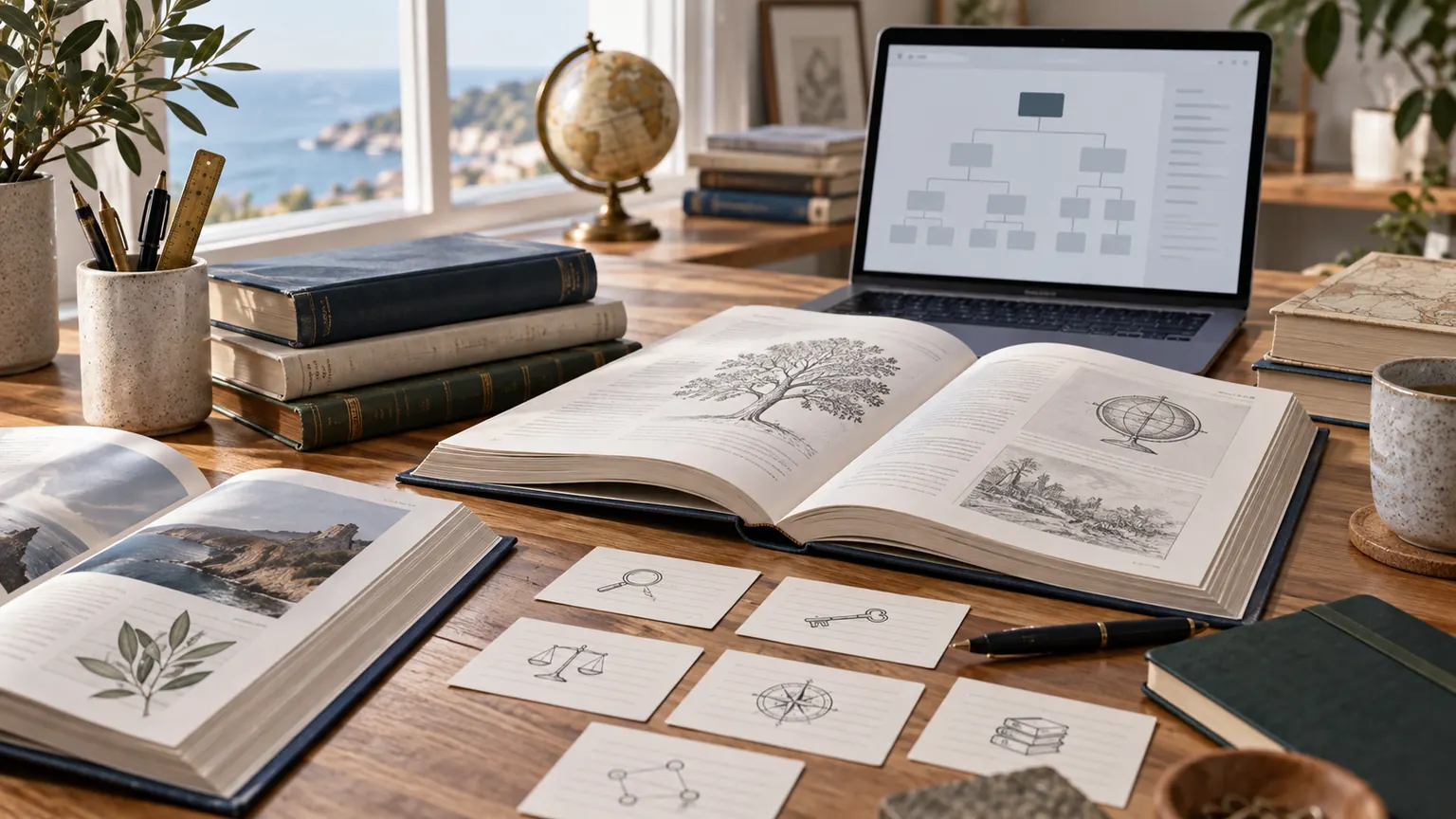 Livres de référence et fiches de vocabulaire sur une table de studio