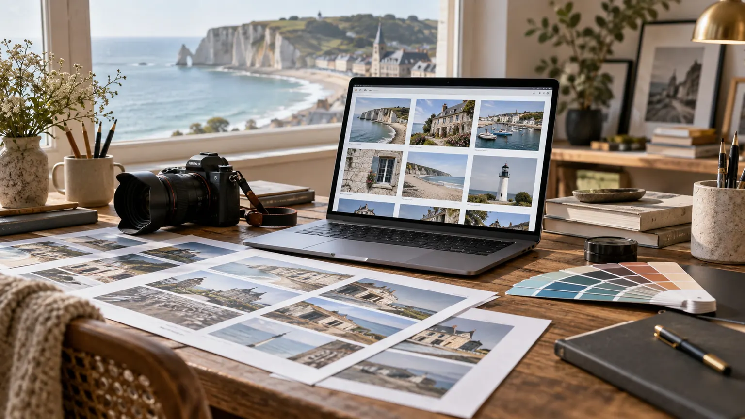 Sélection de photographies sur une table de travail avec appareil photo et nuancier