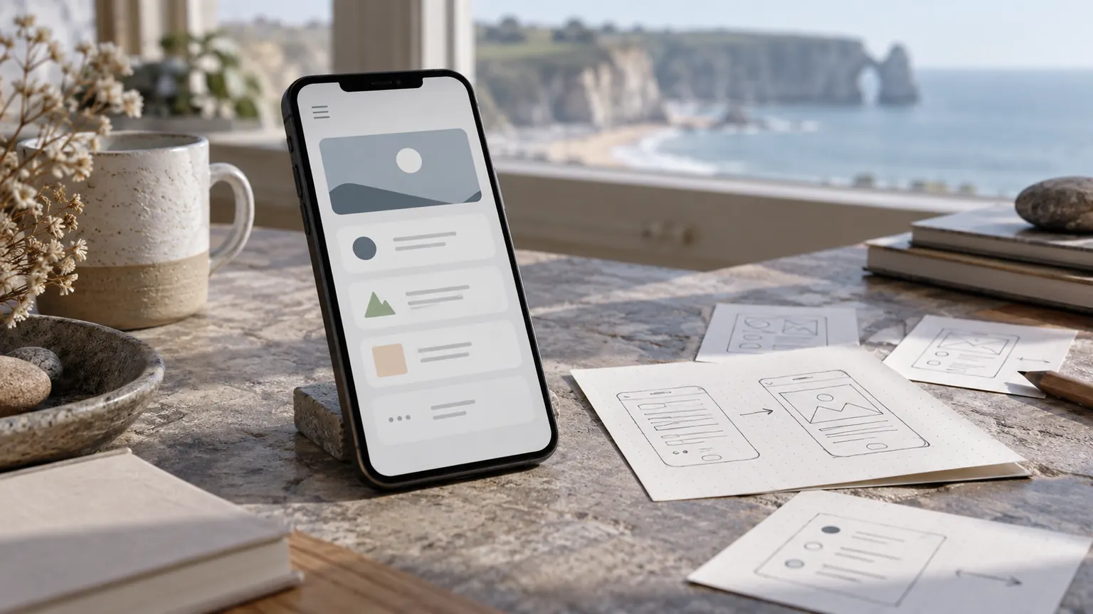 Téléphone affichant un menu mobile et croquis de parcours sur une table
