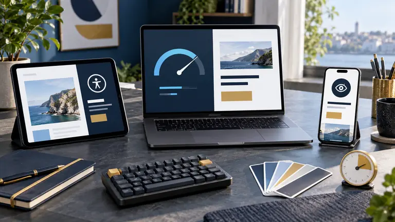 Banc de test avec ordinateur, tablette, téléphone, clavier et nuancier de contraste