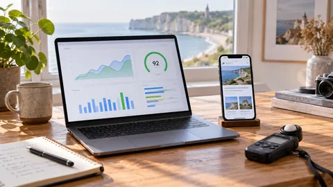 Ordinateur et téléphone affichant des graphiques de performance dans un studio lumineux