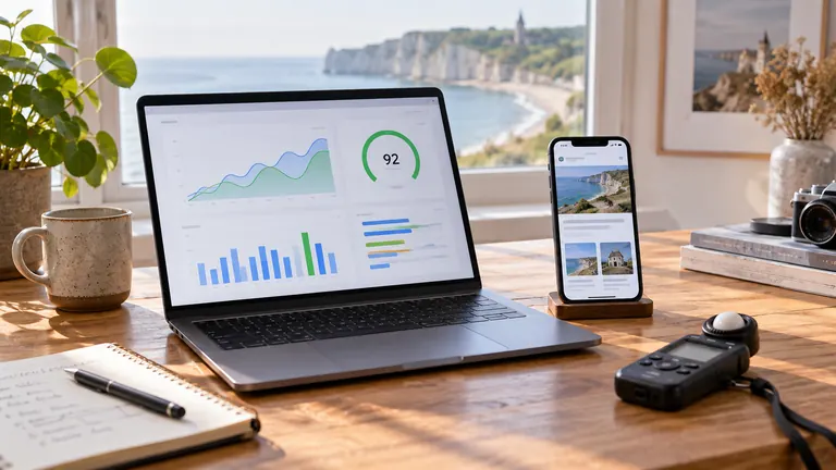 Ordinateur et téléphone affichant des graphiques de performance dans un studio lumineux