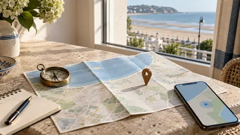 Carte côtière, boussole, téléphone et repère en bois pour préparer une stratégie SEO locale
