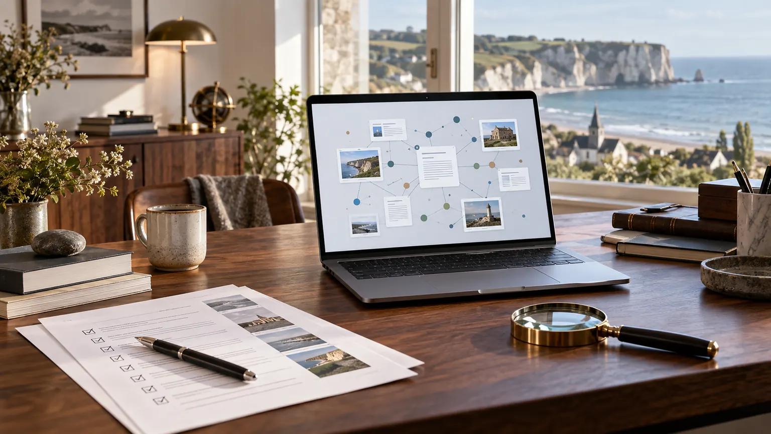 Bureau de recherche avec documents reliés à des sources sur un ordinateur