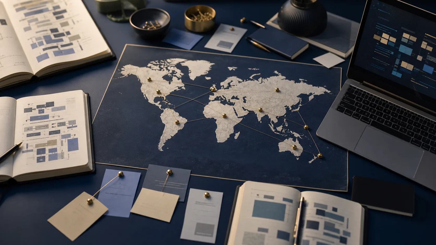 Planification de contenus internationaux avec carte du monde, notes et ordinateur