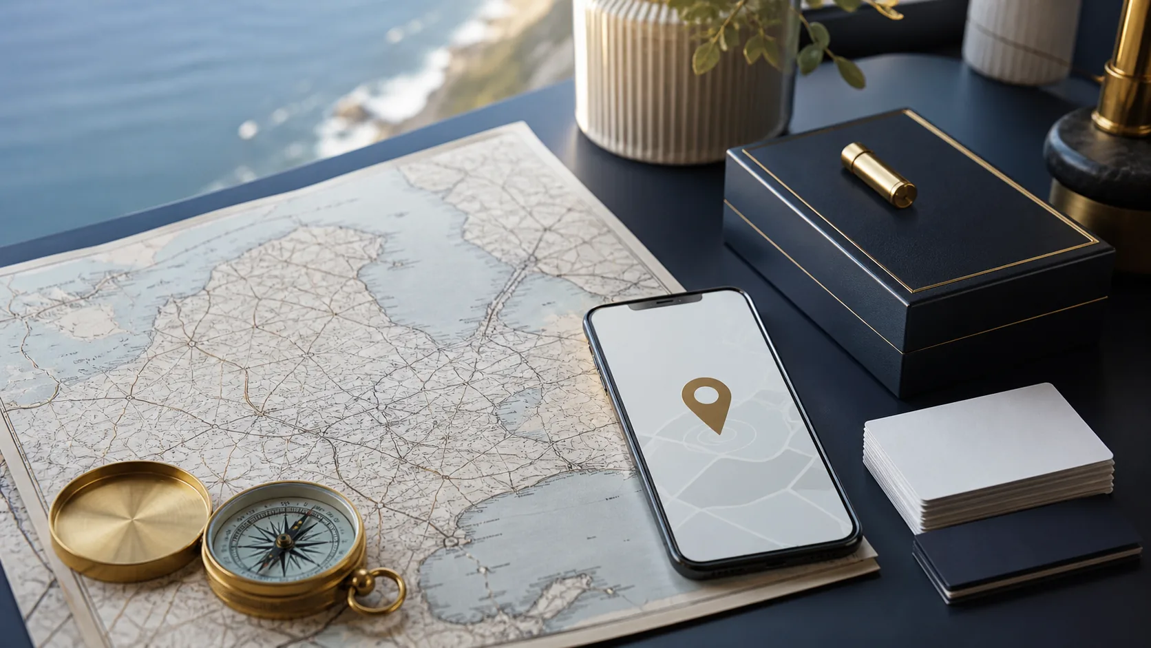 Carte sans libellé, boussole et téléphone pour illustrer la visibilité locale