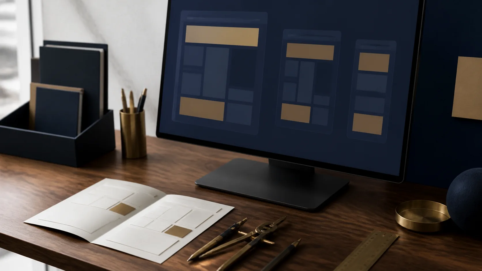 Écran de conception d’interface et outils de précision sur un bureau