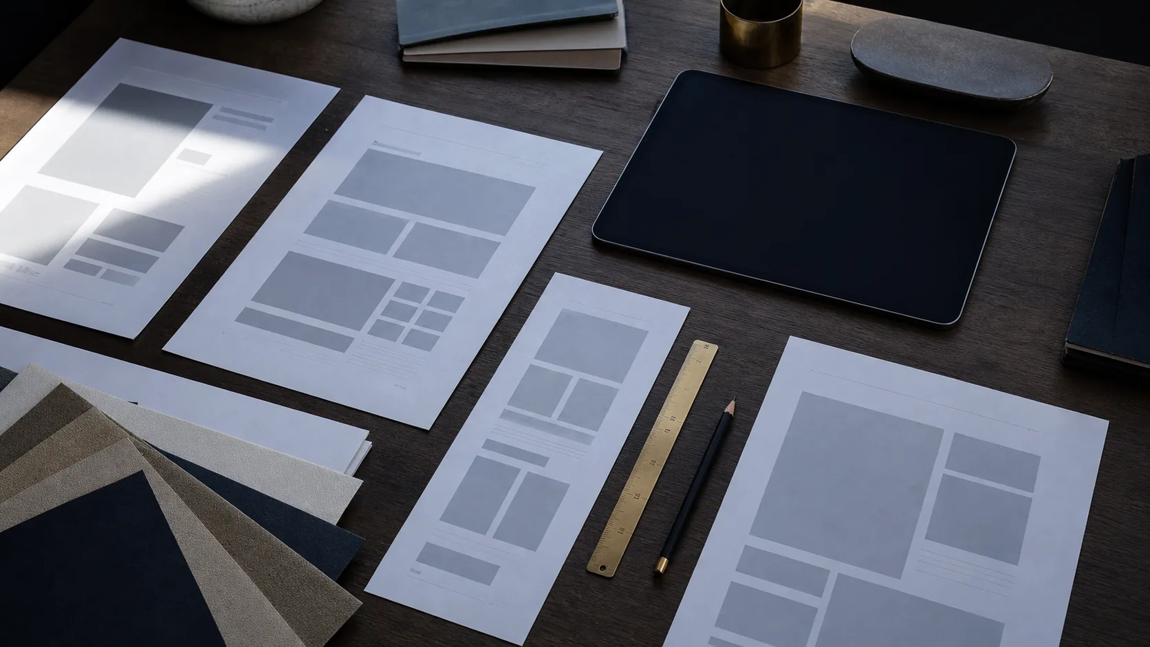 Maquettes de site web, tablette et nuancier disposés sur un bureau de conception